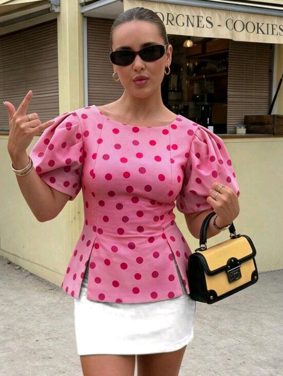 Tops - Pink Polka Dot Round Neck Puff Sleeve Waist-Cinching Cropped Backless Top,